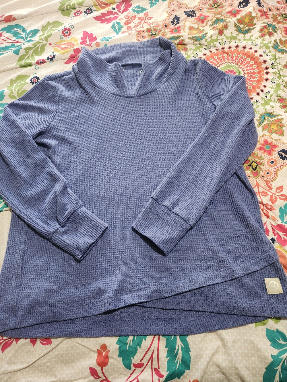 Straight Down The Misty Top Cozy Waffle Cowl Neck Long-Sleeve  - Dusty Blue